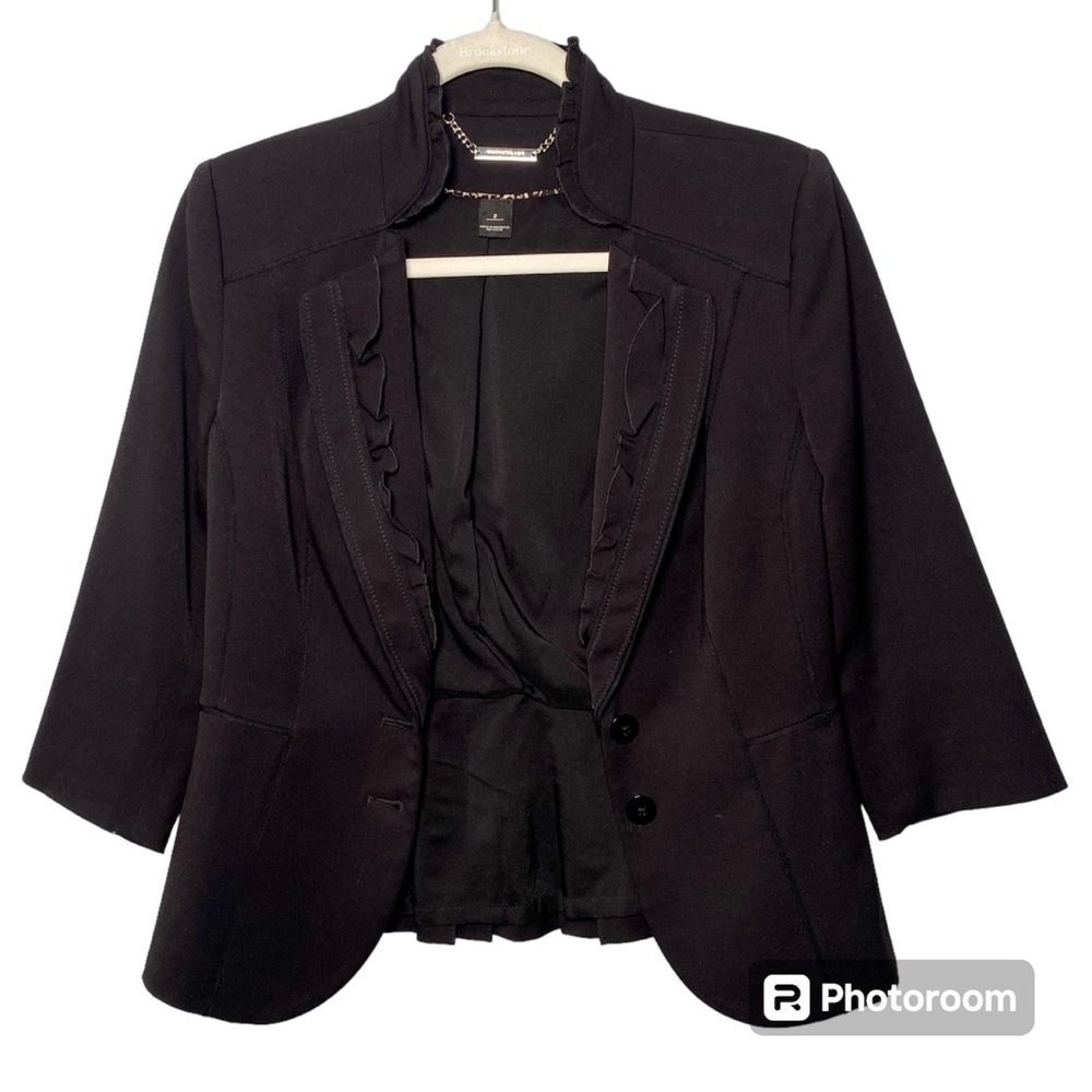 White House Black Market Black Boxy Cut Ruffle Cropped Jersey Blazer 3/4 Sleeve
